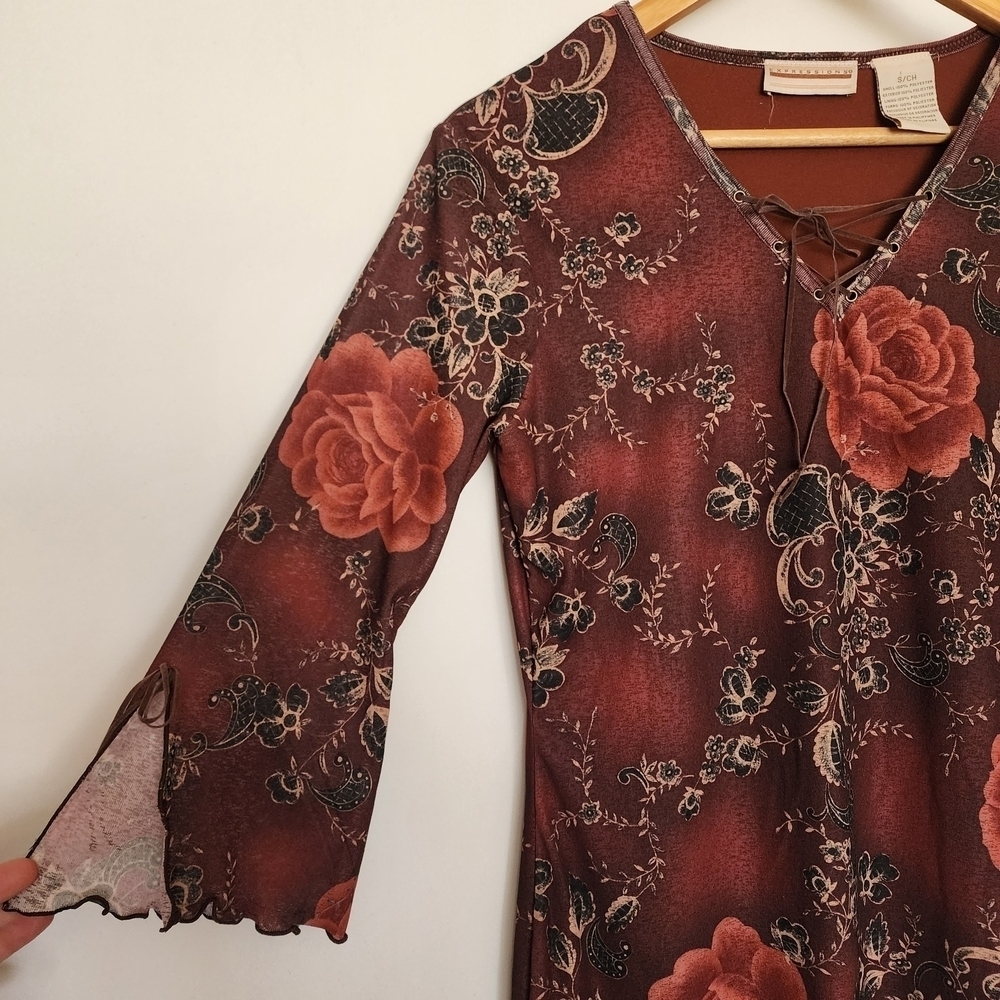 90s Expressions Burgundy Floral Lace-Up Asymmetrical Dress S - Picture 8 of 10